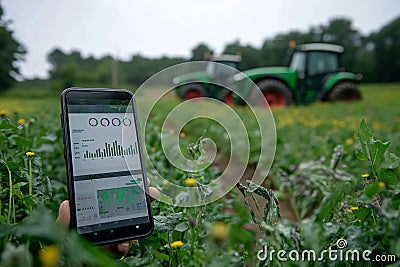 Close-up view of smartphone displaying farm data while tractors work the field Stock Photo