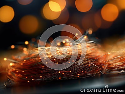 Close-up view of some twisted wires or strings, possibly made from copper. These wires are placed on top of an orange Stock Photo