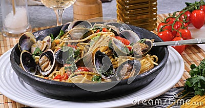 Close up view of spaghetti alle vongole clams Stock Photo