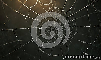 close-up view spider web, with intricate patterns and dark background, conveying sense mystery and complexity. Stock Photo