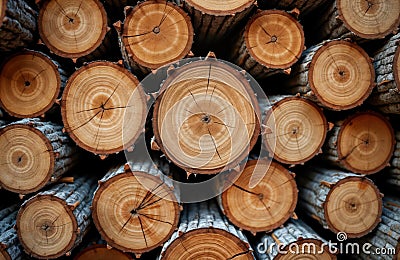 Close up view of stacked tree logs. Wooden logs neatly piled up. Natural rustic wood texture. Ideal for forestry logging themes. Stock Photo
