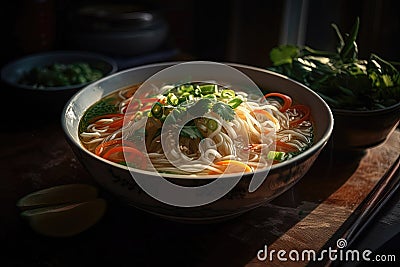 close-up view of a steaming bowl of Pho soup, a popular Vietnamese noodle soup dish. Generative AI Stock Photo