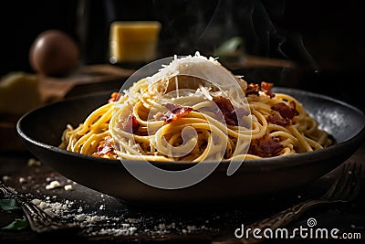 Close up view of steaming bowl of spaghetti carbonara with egg yolk, parmesan, bacon. AI generated. Stock Photo