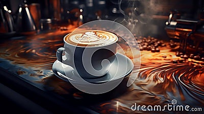 Hot delicious close-up smoky latte art cappuccino cup of coffee with a flower on the top in a blurred background. AI generated. Stock Photo