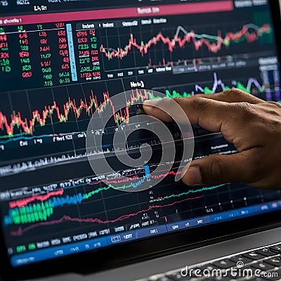 Stock Trader Using Mouse to Navigate Trading Platform with Fluctuating Market Charts Stock Photo