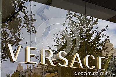 Close up view of store signage of famous, luxury Italian fashion brand`s store Editorial Stock Photo