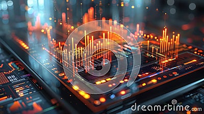 Close-up view of a tablet displaying sophisticated data analytics, with dynamic graphs and digital maps, indicative of high-tech Stock Photo