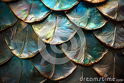 Close-Up View of Teal and Gold Scales, Abstract Texture with Iridescent, Shimmering, and Overlapping Patterns, Deta Stock Photo