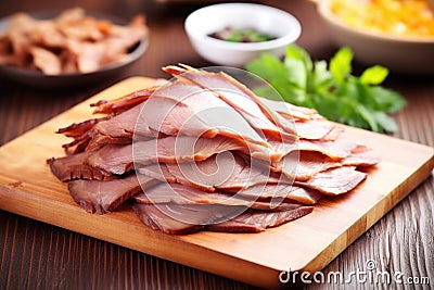 close-up view of thinly sliced smoked duck Stock Photo