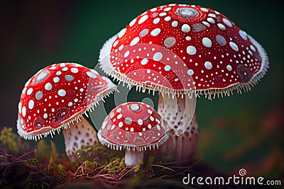 Close up view of three red fly agaric mushrooms, Ai generated image Stock Photo