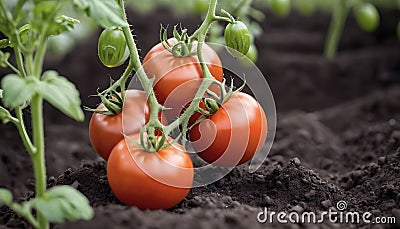 Close-up view of a tomato plant with 4 ripe tomatoes resting on the ground Stock Photo