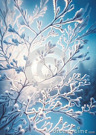 A close-up view of tree branches with frost, illuminated by soft winter sunlight against a blue sky Stock Photo