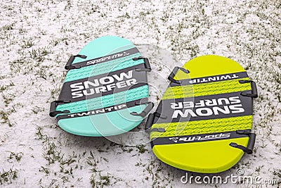 Close up view of two colorful snow boards for winter activities. Editorial Stock Photo