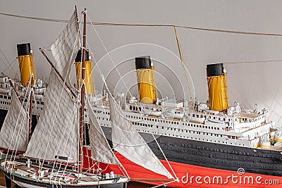 Close up view of two handmade ship models . Hobby concept. Beautiful background. Stock Photo