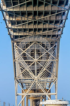 Close up View of the Underside of the Steel and Iron Works of a Coastal Bridge Stock Photo