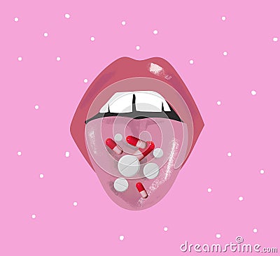 close-up view of various colorful capsules and tablets on female tongue Stock Photo