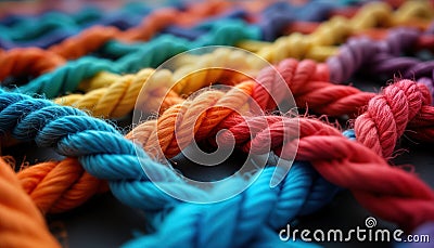 Close-up view of vibrant colorful ropes intricately interwoven in grid pattern. Colorful ropes interlace creating network design Stock Photo