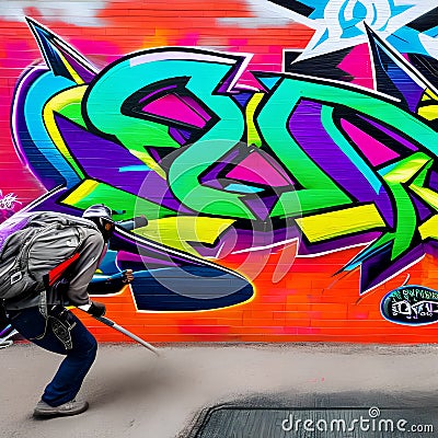 A close-up view of a vibrant graffiti mural, showcasing a riot of colors and artistic expression3, Generative AI Stock Photo