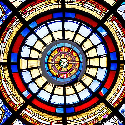 A close-up view of a vibrant stained glass window, casting intricate patterns of light and color onto the surrounding space5, Ge Stock Photo