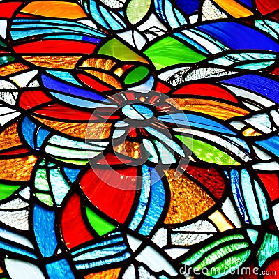 A close-up view of a vibrant stained glass window, casting a mesmerizing play of light and colors2, Generative AI Stock Photo
