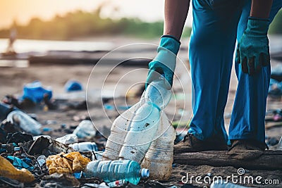 A close-up view of a volunteer man collecting plastic bottles during a clean-up day on the sea beach Stock Photo