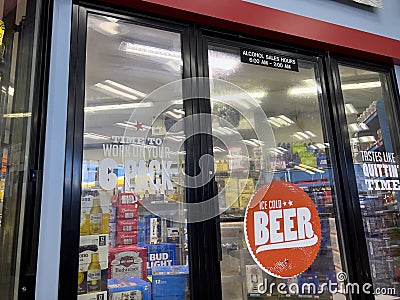 Seattle, WA USA - circa August 2023: Close up view of a walk in beer fridge inside a Shell station convenience store Editorial Stock Photo
