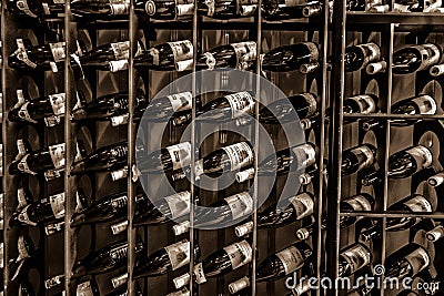 Close up view of wall made of wine bottles Editorial Stock Photo