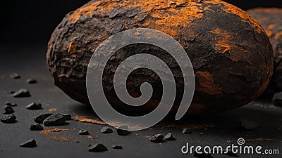 Close-up view of a weathered, rust-colored object resting on a dark surface with scattered fragments Stock Photo