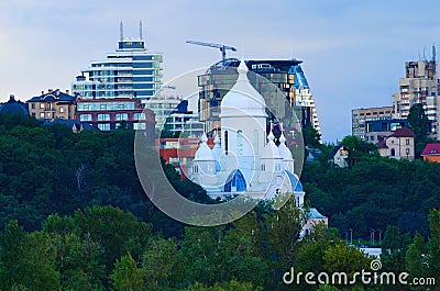 Close-up view of white colored building of the baptist Church `Temple of Peace` in Kyiv Stock Photo