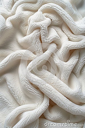 Close-up view of white fabric with intricate wavy pattern. Fabric folded in half revealing texture and structure. Simple gray Stock Photo