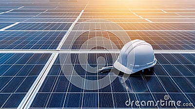 A close-up view of a white helmet and pen on a solar panel with graph paper, set against a stunning solar farm at golden Stock Photo