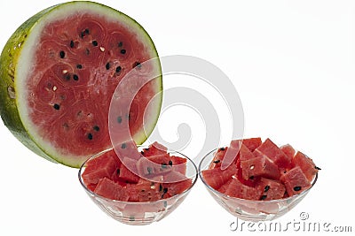 Close up view of whole and diced watermelon isolated on white background Stock Photo