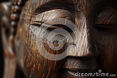 Close Up of Wooden Carving of Persons Face Stock Photo