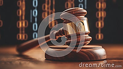 Wooden Gavel on Sound Block Against Binary Code Background Stock Photo