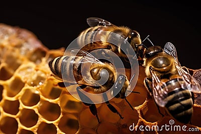 Close up view of the working bees on honeycells. Generative AI Stock Photo
