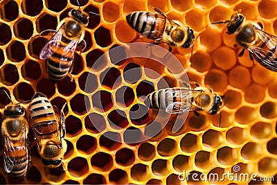 Close up view of the working bees on honeycells - selective focus. Generative AI Stock Photo