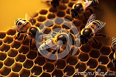 Close up view of the working bees on the honeycomb with sweet honey. Beekeeping concept. Generative AI Stock Photo