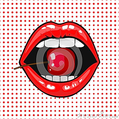 Close up view of young pretty woman lips portrait biting a cherry. Vector Illustration
