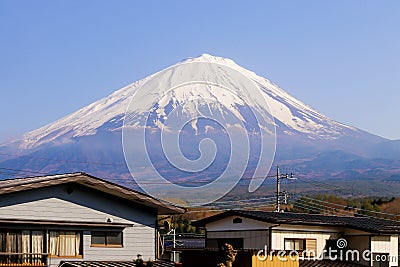 Closeup of Village houses with moutain Fuji background in Japan Stock Photo