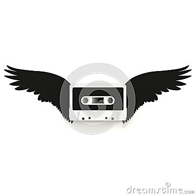 Close up of vintage audio tape cassette with angel wings concept illustration on white background Cartoon Illustration