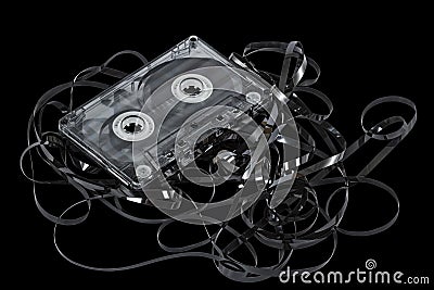 Close up of vintage audio tape cassette, isolated on black, with Stock Photo