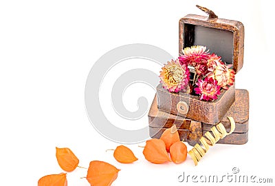 Close up of vintage boxes with orange flowers on white background. Stock Photo