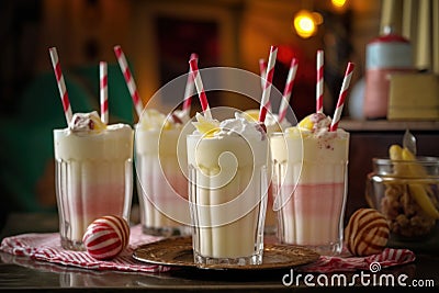 close-up of vintage milkshake glasses with striped straws Stock Photo