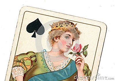 Close up of a vintage queen of spades playing card. Stock Photo