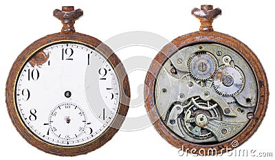 Close-up of a vintage rusty clock from both sides Stock Photo