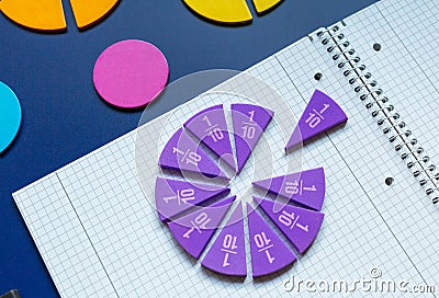 Close up violet pie chart, fractions, open notepad on blue background. Back to school. Mathematics, fun games, formulas. Stock Photo