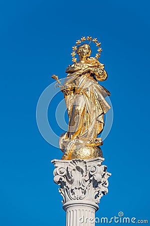 Close-up on Virgin Mary on Plague Column Slovene: Kuzno znamenje, monument at Main Square Glavni trg. Editorial Stock Photo