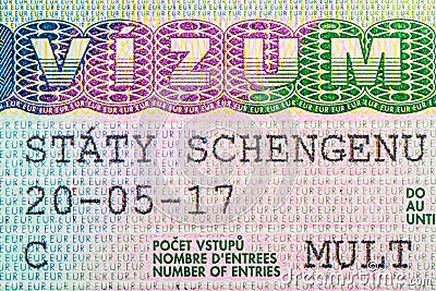 Close up of visa in passport. Czech Republic of shengen travel concept. Stock Photo