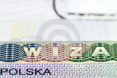 Close up of visa in passport. Poland of shengen travel concept. Stock Photo