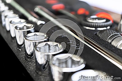 Close up view of a Garage Tool Box. Set of Tools. Tool Box for Construction. Tool to repair the car or replace automotive spare pa Stock Photo